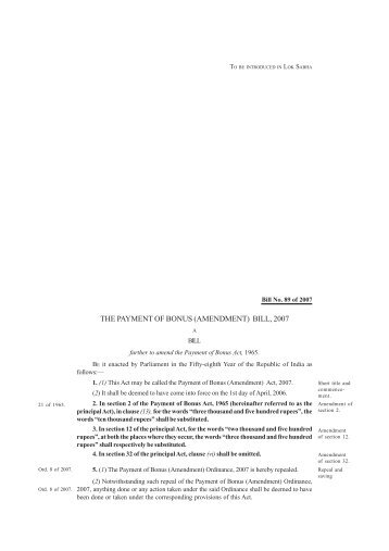 THE PAYMENT OF BONUS (AMENDMENT) BILL, 2007 - PRS