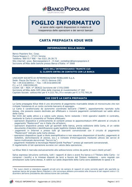 Carta K2 â Foglio Informativo Banco Popolare Unicasim