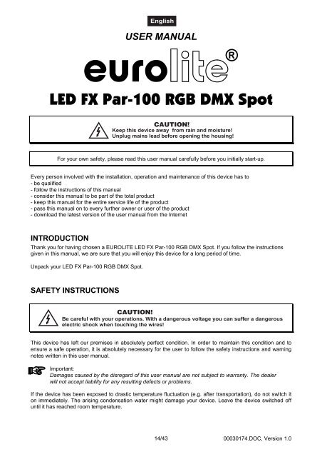 EUROLITE LED FX PAR-100 RGB DMX Spot User Manual - ELV