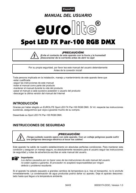 EUROLITE LED FX PAR-100 RGB DMX Spot User Manual - ELV