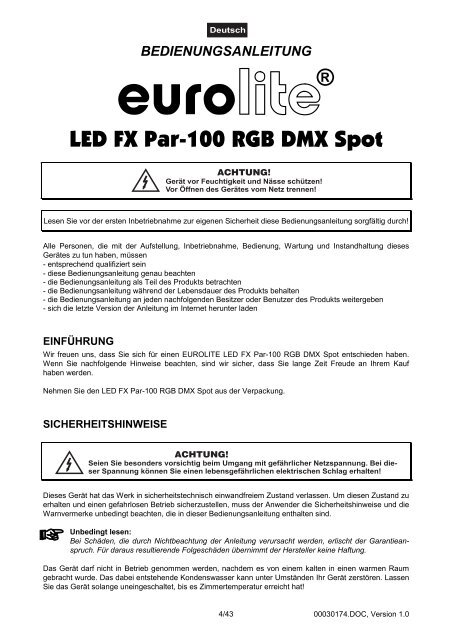 EUROLITE LED FX PAR-100 RGB DMX Spot User Manual - ELV