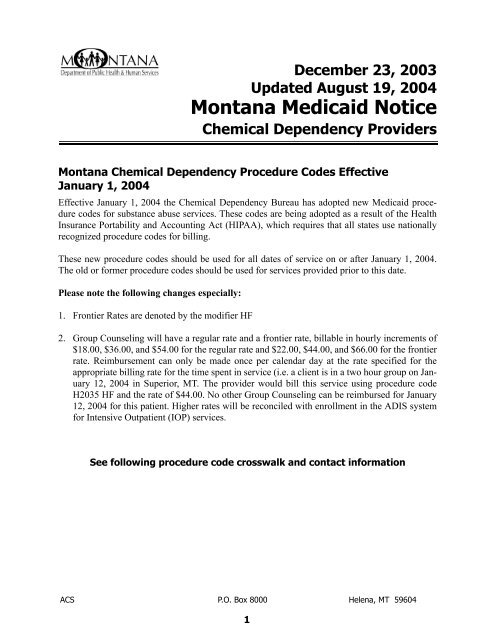 Chemical Dependency Procedure Code Changes - Montana ...