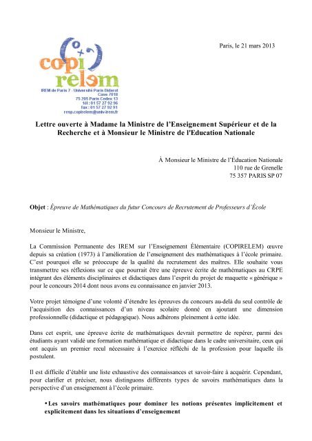 Lettre ouverte Ã  Madame la Ministre de l'Enseignement SupÃ©rieur et ...