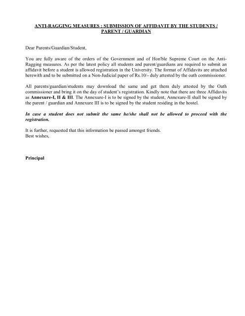 ANTI-RAGGING MEASURES : SUBMISSION OF AFFIDAVIT BY THE ...