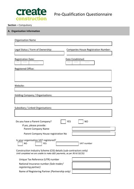 Pre-‐Qualification Questionnaire - Create Construction Limited