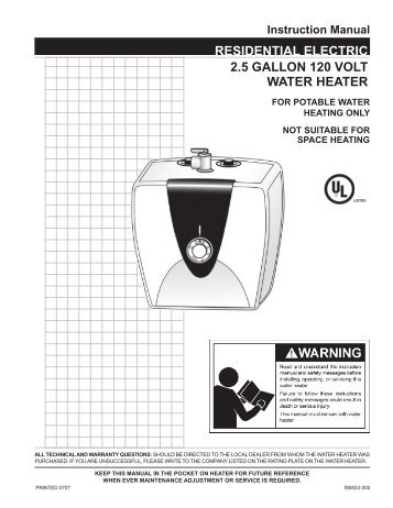 instruction manual residential electric 2.5 Gallon 120 volt water heater