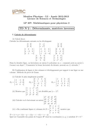TD N 2 : DÃ©terminants, matrices inverses - lpthe