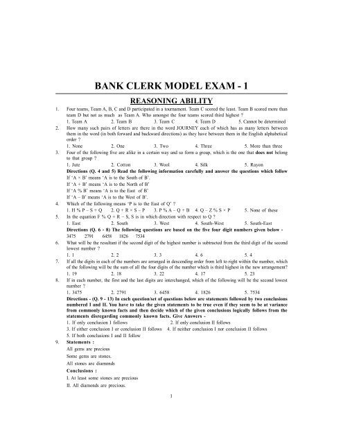 BANK CLERK MODEL EXAM - 1 - Bankexam.co.in