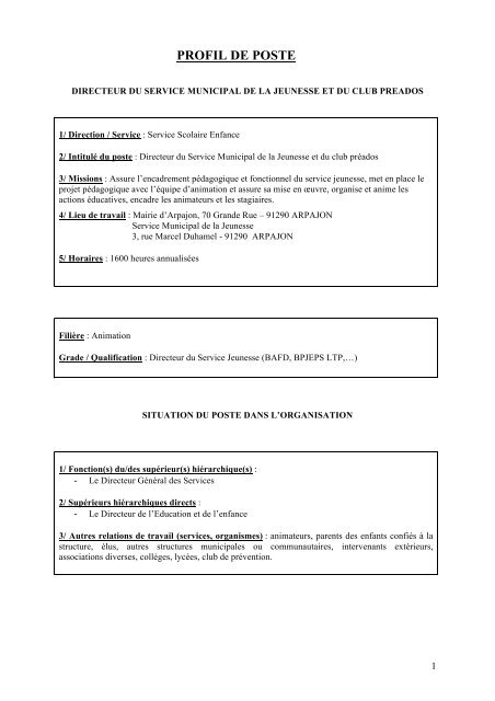 Responsable du service jeunesse - Arpajon