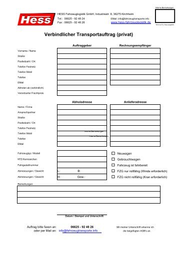 Verbindlicher Transportauftrag (privat) - Hess Fahrzeuglogistik GmbH