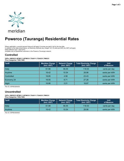 Powerco (Tauranga) Residential Rates - Meridian Energy