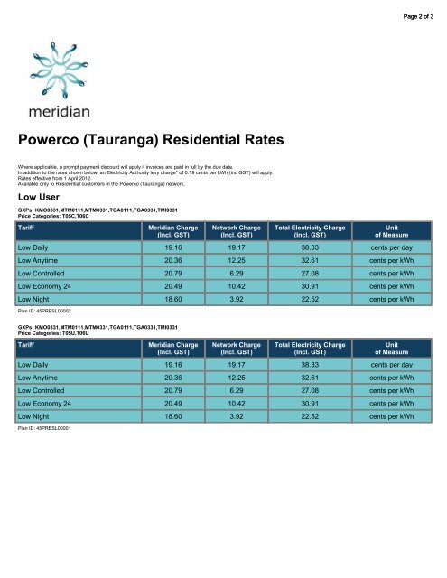 Powerco (Tauranga) Residential Rates - Meridian Energy