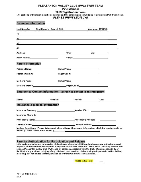 Pvc Member Application - Pleasanton Valley Swim Club