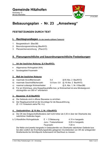 Bebauungsplan Nr. 23 - Amselweg - Gemeinde Hitzhofen