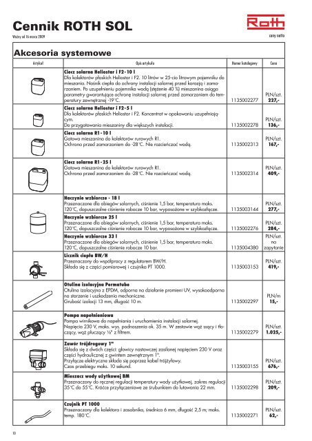 Cennik ROTH SOL