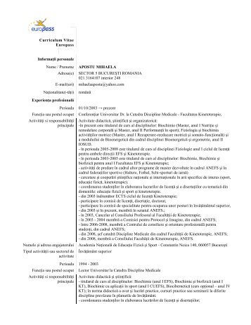 Curriculum Vitae Europass InformaÅii personale ... - UNEFS Bucuresti