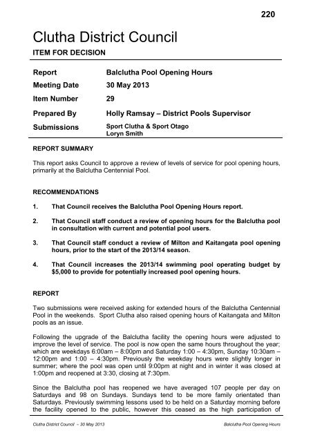 Balclutha Pool Opening Hours - Clutha District Council