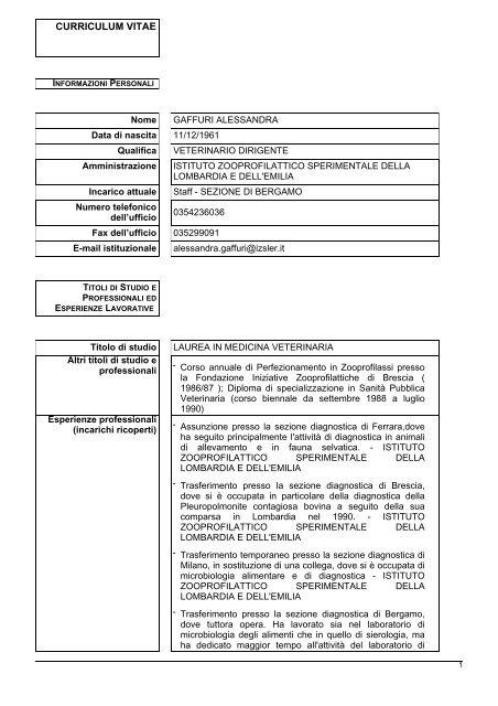 CV - IZS della Lombardia e dell'Emilia Romagna