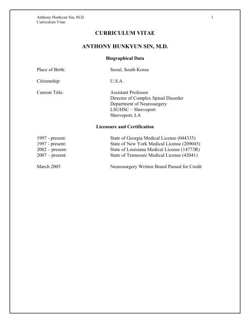 CURRICULUM VITAE ANTHONY HUNKYUN SIN, M.D.