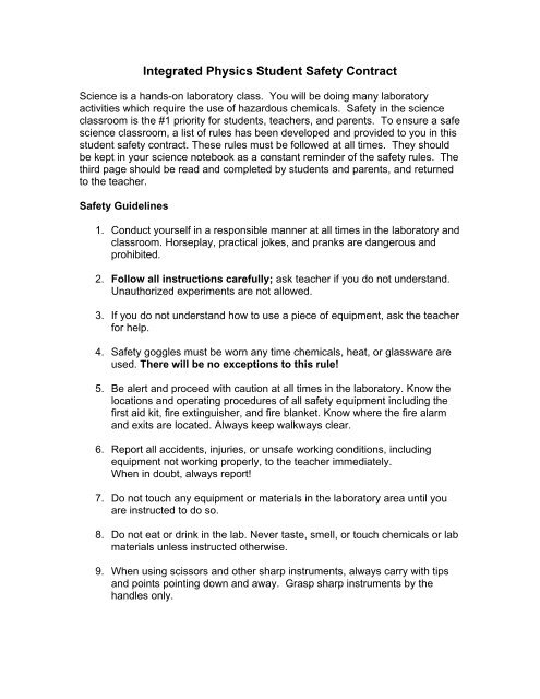 integrated physics safety contract lab safety contract