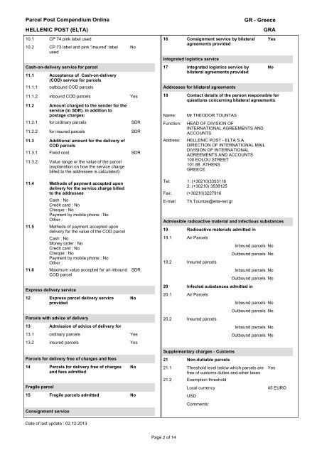 GRA GR - Greece - Parcel Post Compendium