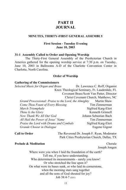 Minutes of the Thirty-First General Assembly of - PCA Historical Center