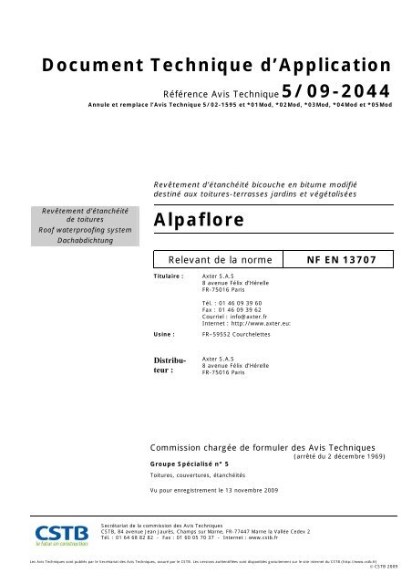 Document Technique d'Application Alpaflore - Axter