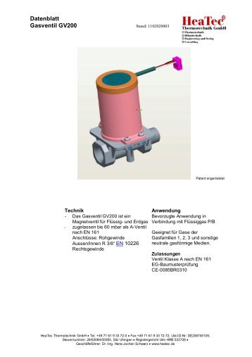 Datenblatt Gasventil GV200 - heatec.de