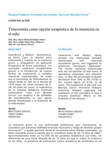 TimectomÃ­a como opciÃ³n terapÃ©utica de la miastenia en el niÃ±o