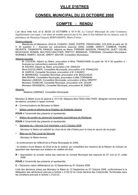 ville d'istres conseil municipal du 23 octobre 2008 compte - rendu