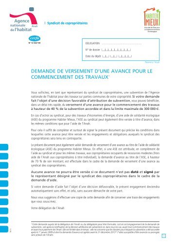 Demande versement d'avance pour le commencement des travaux