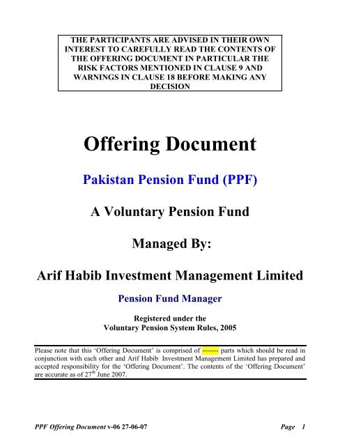 Offering Document Pakistan Pension Fund (PPF) - MCB-Arif Habib ...