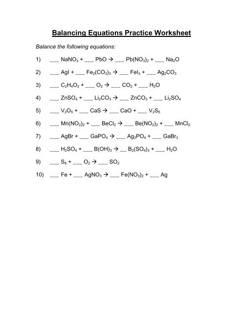 Balancing Equations Practice Worksheet