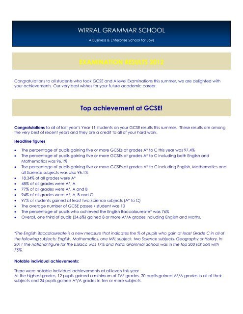 GCSE Results 2012 - Wirral Grammar School for Boys
