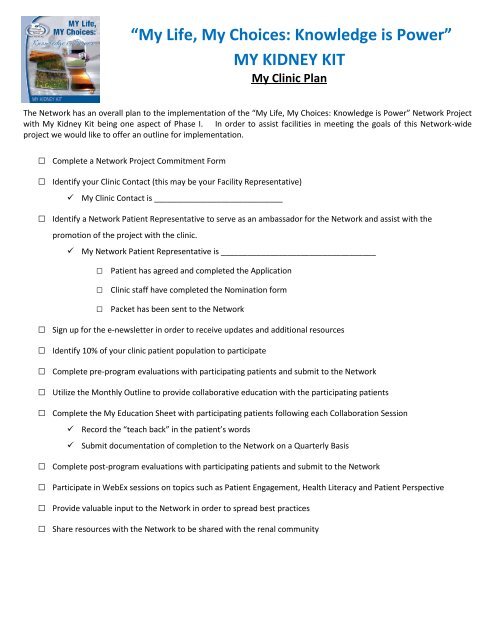 my clinic plan checklist and outline - Heartland Kidney Network
