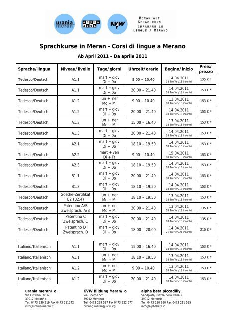 Sprachkurse in Meran - Corsi di lingue a Merano - urania meran