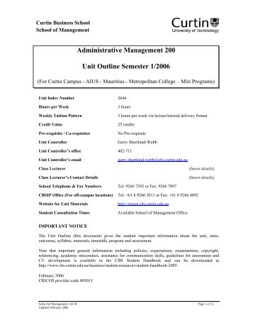 Administrative Management 200 Unit Outline Semester 1/2006