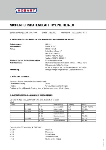 SICHERHEITSDATENBLATT HYLINE HLG-10 - HOBART GmbH