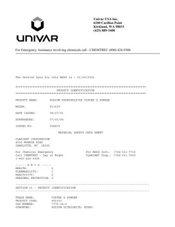 MSDS Sodium Hydrosulfite - Horizon Commercial Pool Supply, Inc.