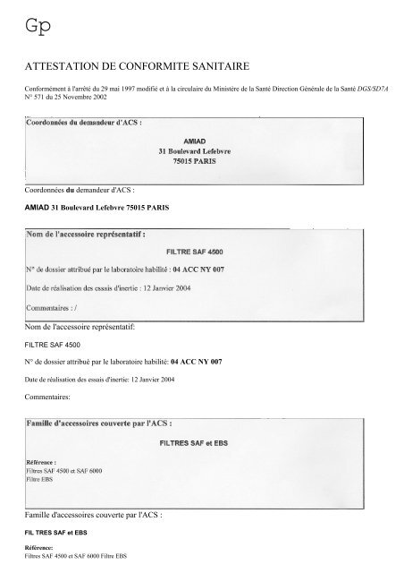 ATTESTATION DE CONFORMITE SANITAIRE