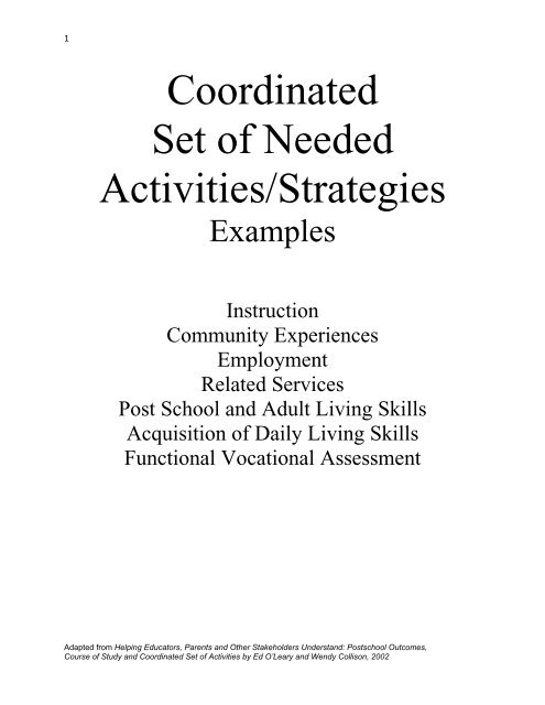 Coordinated Set of Needed Activities/Strategies Examples