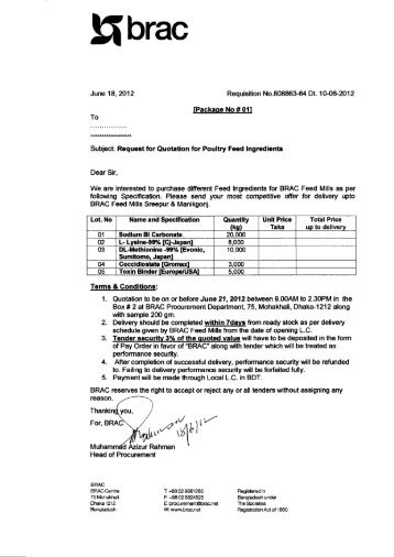 RFQ For Poultry Feed Ingredients - Brac