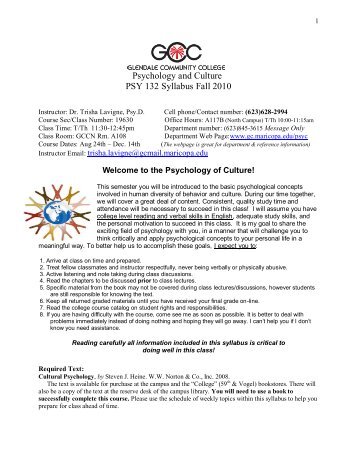 Psychology and Culture PSY 132 Syllabus Fall 2010 - glendale ...