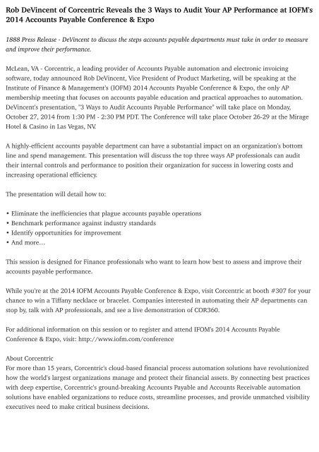 Rob DeVincent of Corcentric Reveals the 3 Ways to Audit Your AP Performance at IOFM's 2014 Accounts Payable Conference & Expo