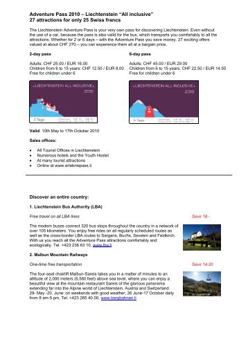 Adventure Pass 2010 – Liechtenstein “All inclusive” 27 attractions ...