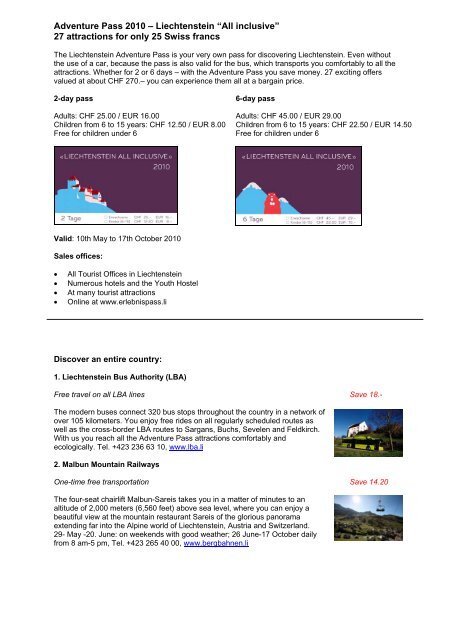 Adventure Pass 2010 – Liechtenstein “All inclusive” 27 attractions ...