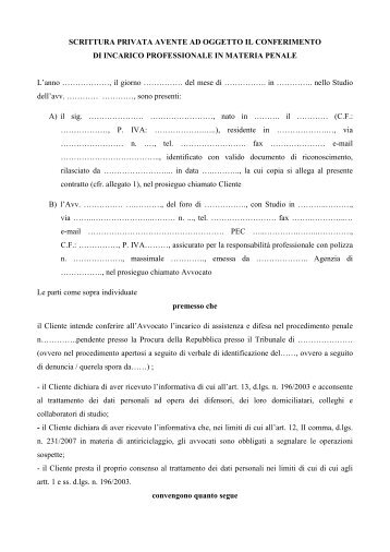 Scrittura privata per conferimento incarico in materia penale