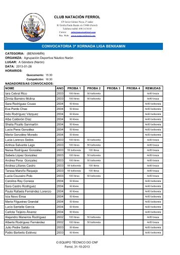 CLUB NATACIÃN FERROL CONVOCATORIA 3Âª XORNADA LIGA ...