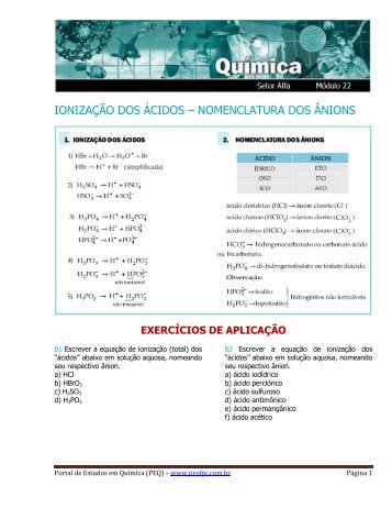 ionizaÃ§Ã£o dos Ã¡cidos â nomenclatura dos Ã¢nions - Portal de ...