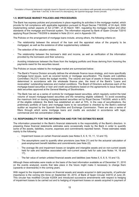 Balance Sheet at 31 December 2010 of BBVA